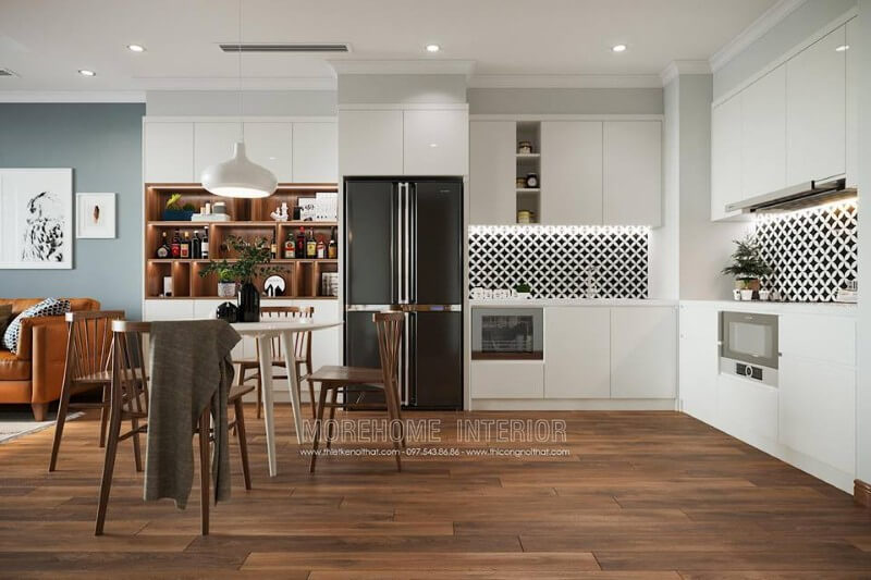Điểm nhấn của không gian bếp là đá ốp bếp nhân tạo họa tiết lạ mắt làm nổi bật không gian bếp Thiết kế chung cư