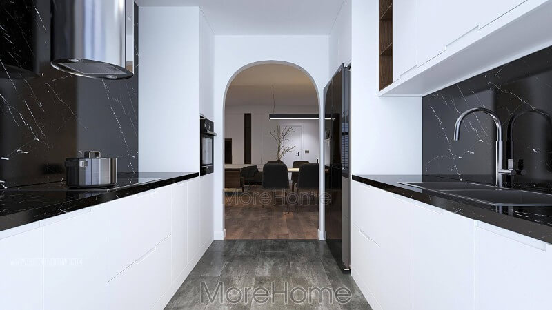 Không gian phòng bếp sang chảnh tiện nghi với mẫu đồ nội thất được làm bằng gỗ Acrylic bóng gương Thiết kế chung cư