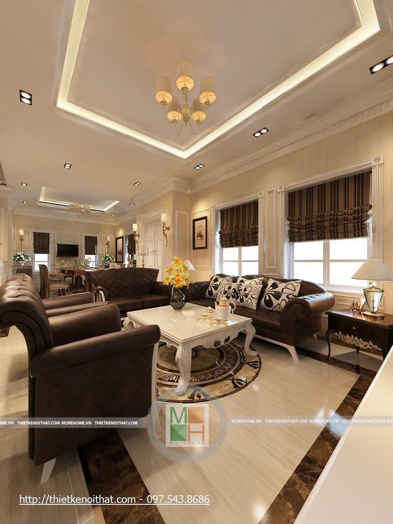 Mẫu sofa tân cổ điển bọc da màu nâu trầm tạo điểm nhấn cho thiết kế phòng khách sang trọng Mẫu nội ngoại thất biệt thự tân cổ điển