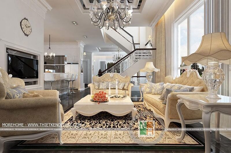 Mẫu sofa phòng khách tone màu vàng với họa tiết tân cổ điển, cùng đường cong ở thân ghế tinh tế là điểm nhấn cho không gian phòng khách Mẫu nội ngoại thất biệt thự tân cổ điển