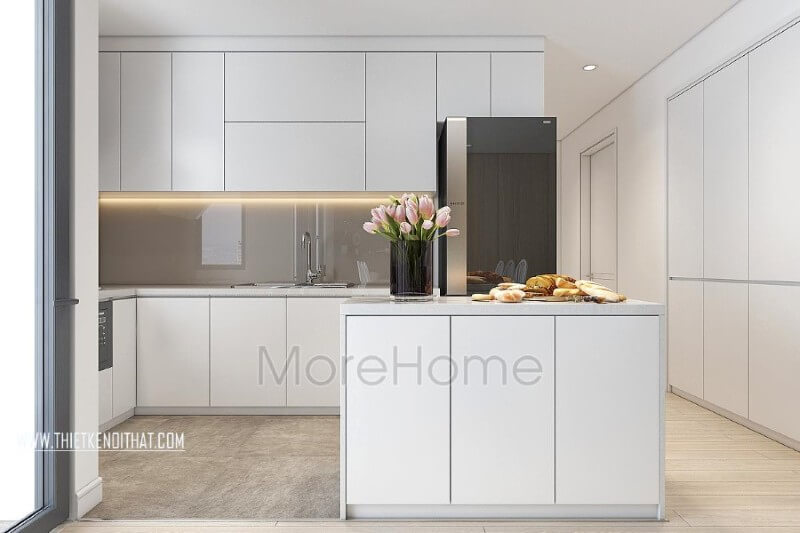 Hệ thống tủ bếp tiện nghi với tone màu trắng hiện đại gợi sự liền mạch trong mẫu thiết kế nội thất chung cư đẹp này Thiết kế và sản xuất tủ bếp đẹp
