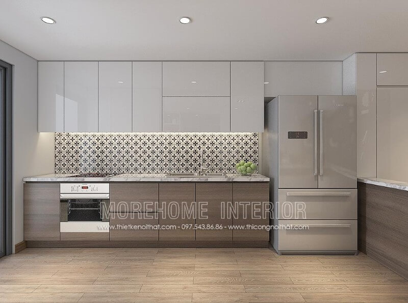 Thiết kế tủ bếp gỗ công nghiệp đẹp với chất liệu acrylic bóng gương An Cường và gỗ Laminate mang đến không gian sống ấn tượng và thu hút Thiết kế và sản xuất tủ bếp đẹp