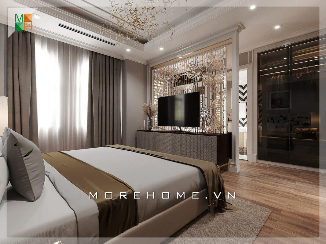 Vẻ đẹp sang trọng của mẫu phòng ngủ thể hiện ở việc lựa chọn những cái đèn sắc vàng, đèn chùm treo tường đầy sức lôi cuốn và tinh tế. Mẫu nội thất biệt thự đẹp