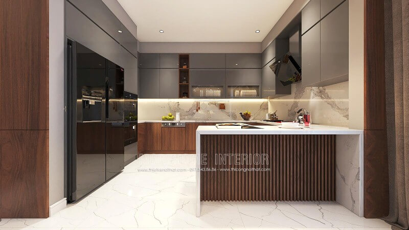 Bố trí nội thất phòng bếp độc đáo từ gỗ An Cường cao cấp kết hợp cùng đá ốp bếp sang trọng. Thiết kế nội thất phòng bếp