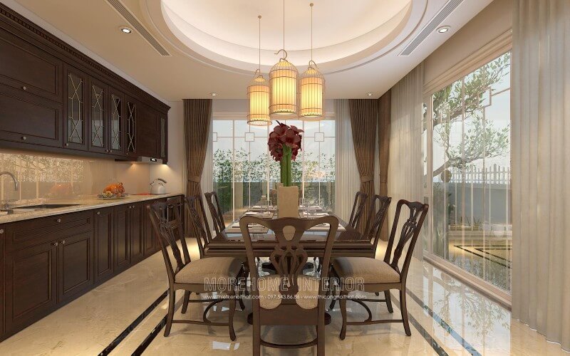 Tủ bếp hiện đại được bố trí liền kề với không gian ăn uống tạo cho gia chủ thuận tiện hơn trong quá trình dùng bữa đầy ấm áp và sang trọng Tủ bếp đẹp, sang trọng và đẳng cấp