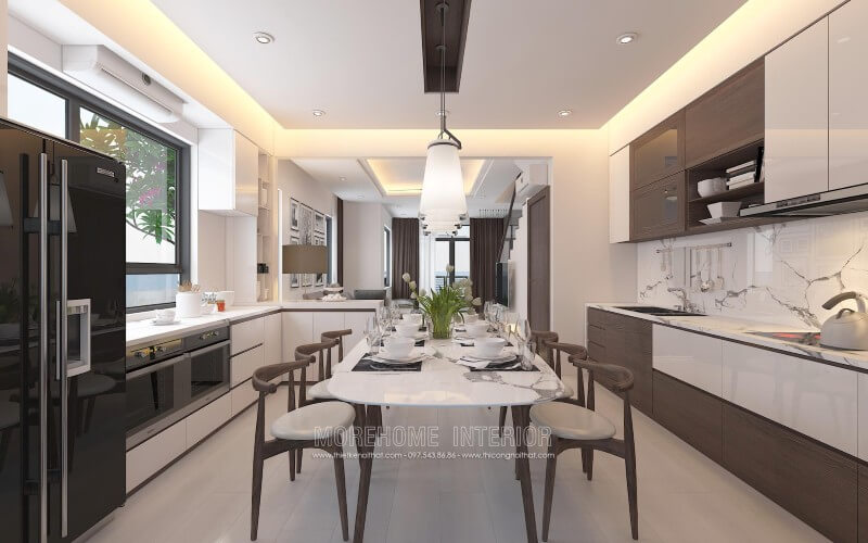 Tủ bếp gỗ công nghiệp tạo cảm giác sáng sủa, tươi mới và trung tính. Màu trắng chủ đạo giúp tăng cường ánh sáng tự nhiên và làm cho mọi thứ có cảm giác sạch sẽ Tủ bếp đẹp, sang trọng và đẳng cấp