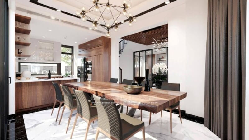 Mẫu tủ bếp hiện đại hình chữ U với thiết kế bàn đảo liền mạch sẽ là một gợi ý tuyệt vời cho mẫu phòng bếp vuông vắn mà không cần tốn quá nhiều diện tích.