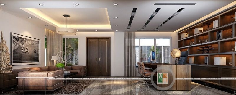 Bộ sofa bọc da màu nâu đẹp tạo điểm nhấn nổi bật cho văn phòng làm việc giám đốc.