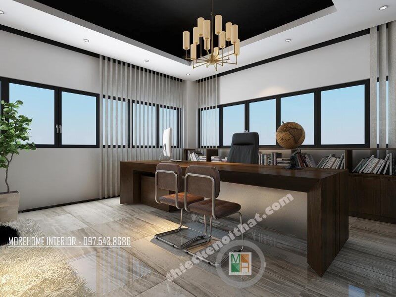 Mẫu thiết kế văn phòng giám đốc hiện đại sử dụng đồ nội thất gỗ công nghiệpcao cấp với tông màu nâu trầm chủ đạo
