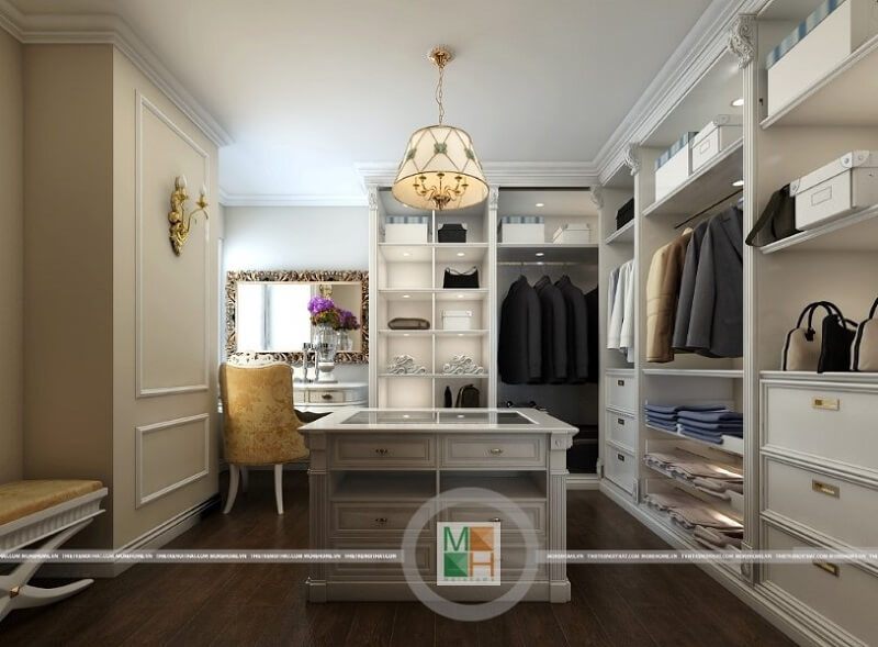 Mẫu tủ quần áo cao cấp màu trắng chạy dài hết mảng tường mang đến vẻ đẹp sang trọng và đẳng cấp cho căn phòng
