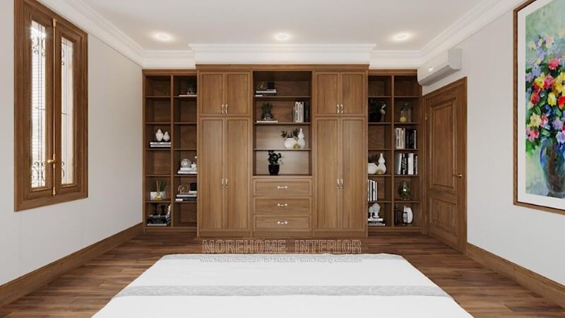 Mẫu tủ gỗ óc chó với tông màu nâu sáng với thiết kế áp tường độc đáo cho biệt thựnhà phố