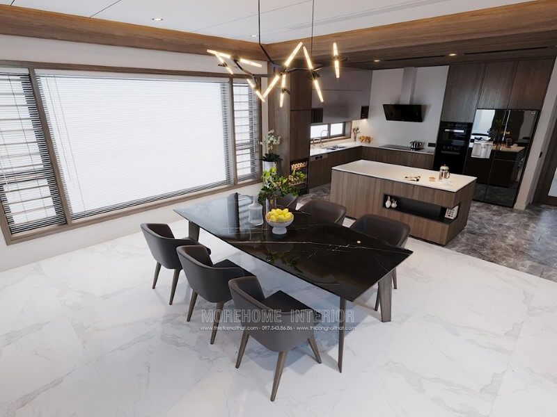 Thiết kế nội thất gỗ phòng ăn liền bếp đẹp, sang trọng cho nhà phố Hà Tĩnh hiện đại