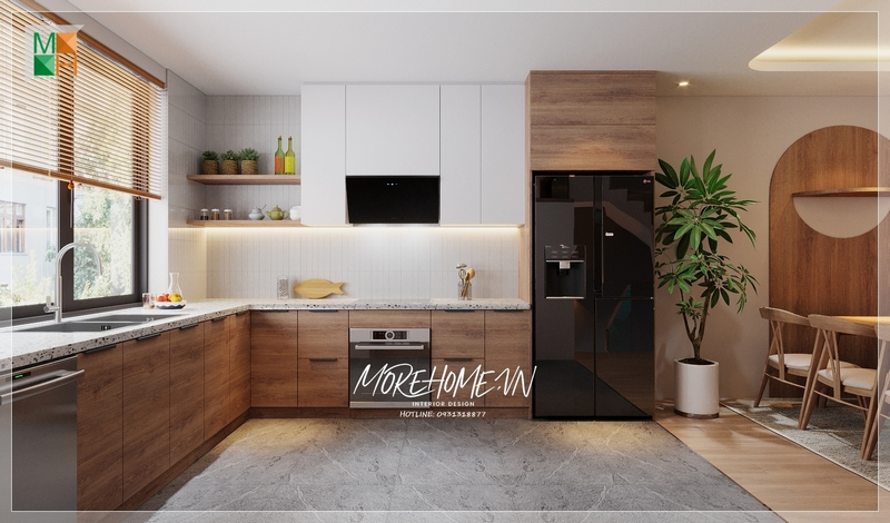Tủ bếp chữ L gỗ công nghiệp mặt đá hiện đại phù hợp với mọi không gian nhà, kiểu dáng bo góc, sát tường toát lên vẻ đẹp tinh tế, thẩm mỹ.