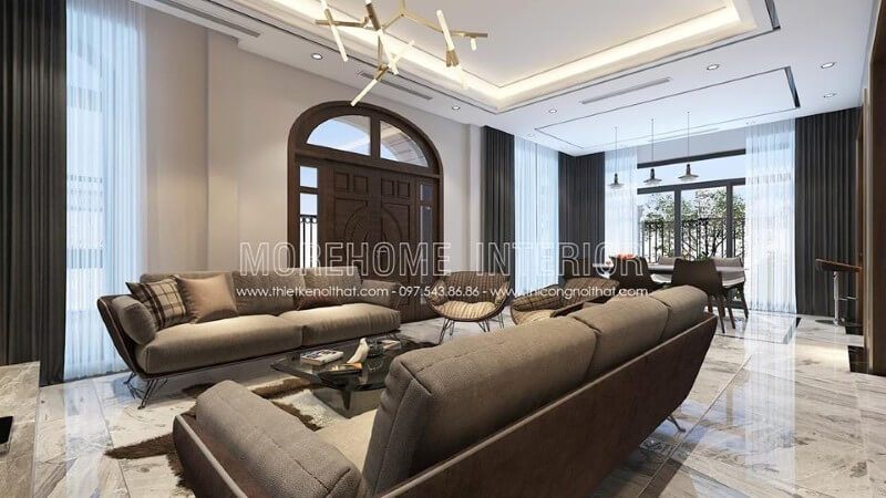 Nội thất phòng khách hiện đại được thiết kế tối giản với những đường nét chi tiết được giảm đi để tập trung vào công năng sử dụng, tạo nên một không gian tiếp khách trẻ trung, năng động và sang trọng.