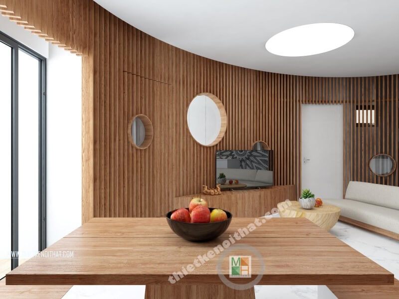 Vật liệu gỗ được sử dụng để trang trí không gian có hình Elip và góc nhìn hướng ra ban công, tạo nên một không gian thư giãn, thoải mái cho người sử dụng.